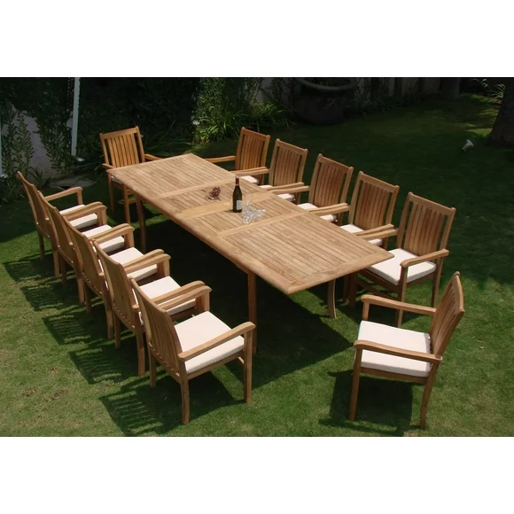 Teak Dining Set:12 Seater 13 Pc - 117" Rectangle Table And 12 Cahyo Stacking Arm Chairs Outdoor Patio Grade-A Teak Wood WholesaleTeak #WMDSCHe