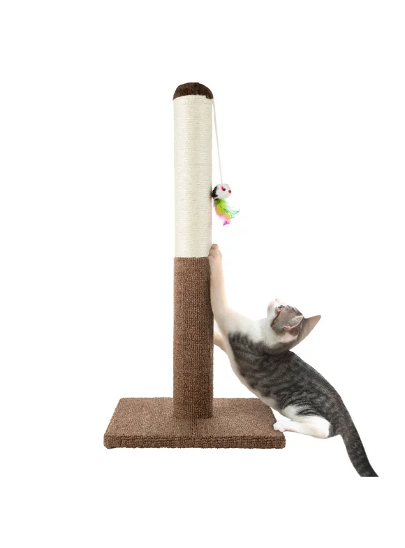 Cat Scratching Post with Carpeted Base  24.5-Inch Sisal Fabric Scratcher with Hanging Mouse Toy for Adult Cats and Kittens by PETMAKER (Brown)