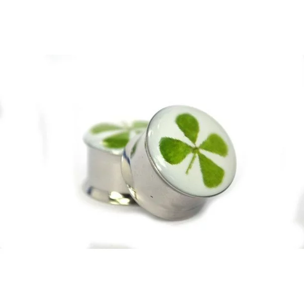 Four Leaf Clover for Good Luck Double Flared Surgical Steel (316L) Gauges/Plugs 2G (6MM) 2 Piece (1 Pair) (B/6/3/73)