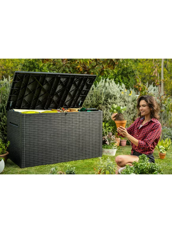 Keter Java Extra Large Rattan Style 230 Gallon Plastic, Resin and Wicker Deck Box, Espresso Brown