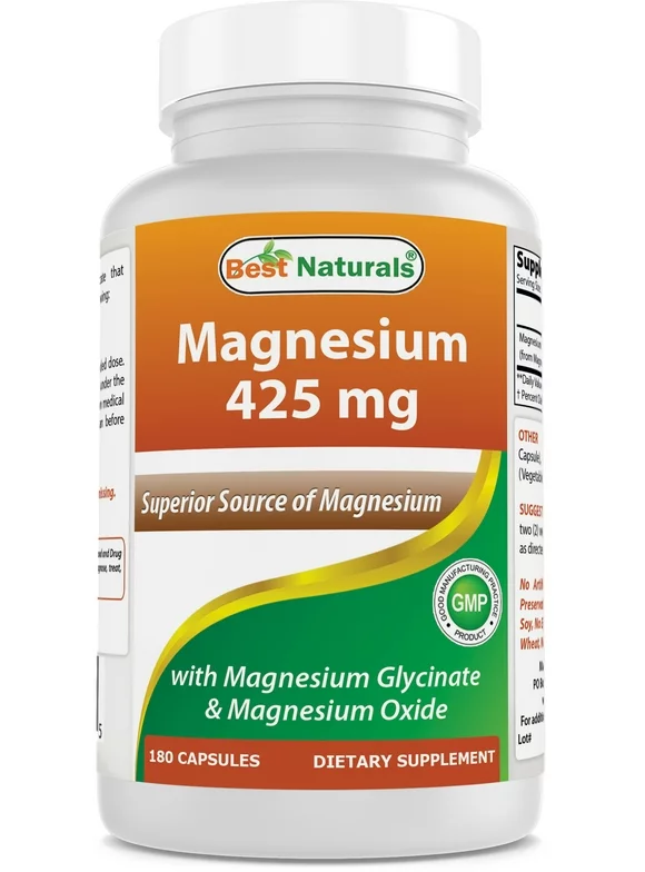 Best Naturals Magnesium Glycinate 425 mg 180 Vegetarian Capsules | High Absorption Magnesium Glycinate & Magnesium Oxide Chelated, Non-GMO, Gluten Free Muscle Relax