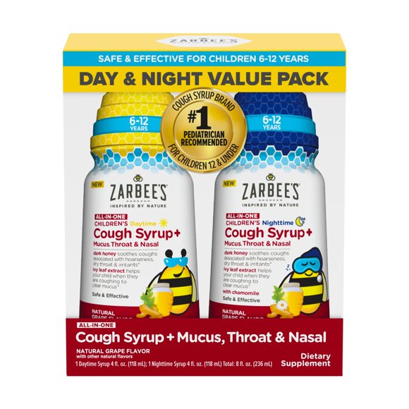 Zarbees Kids All-in-One Day/Night Cough, Age 6-12, Honey, Turmeric, B3,6,12 & Zinc, Grape, 2x4FL Oz