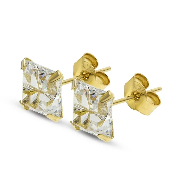 Earrings Prong Clear Square Crystal (6MM) 24k Gold Plated Over Surigcal Steel - 2 pieces (B/4/6)