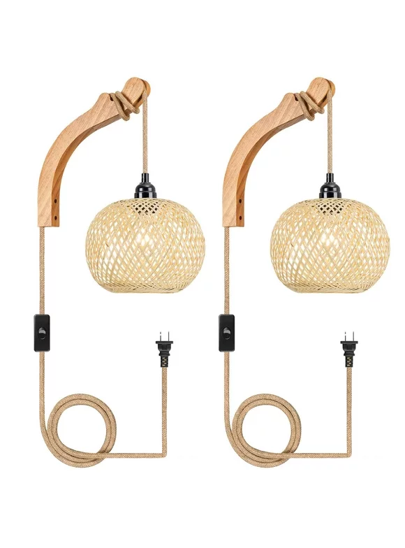 IC INSTANT COACH Rustic Rattan Wall Sconce with Plug-In Cord Bamboo Mounted Light Farmhouse Boho Decor with Wood Shelf Brackets for Living Room Bedroom Dining Room (Bulb not Included)