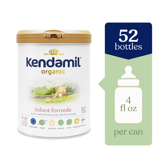 Kendamil Organic Whole Milk Infant Formula Powder, European with HMOs, Prebiotics, No Palm Oil or added Soy, with DHA, Can, 28.2oz