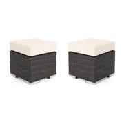 Malibu Outdoor 16 Inch Wicker Ottoman Seat with Water Resistant Cushion, Set of 2, Multibrown and Beige