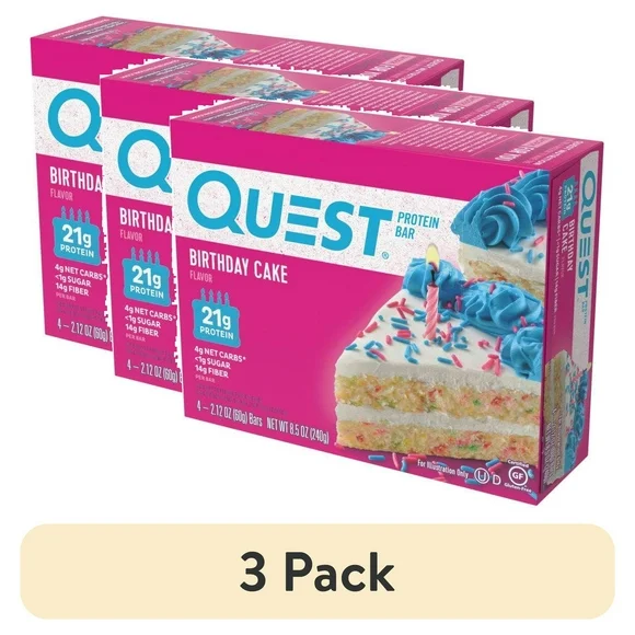 (3 pack) Quest Birthday Cake flavor Protein Bars, 20g of Protein, 4 Count
