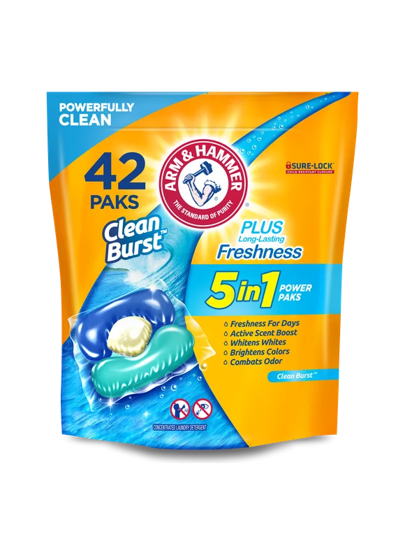 Arm  Hammer Clean Burst 5-in-1 Laundry Detergent Power Paks, High Efficieny (HE), 42 Count