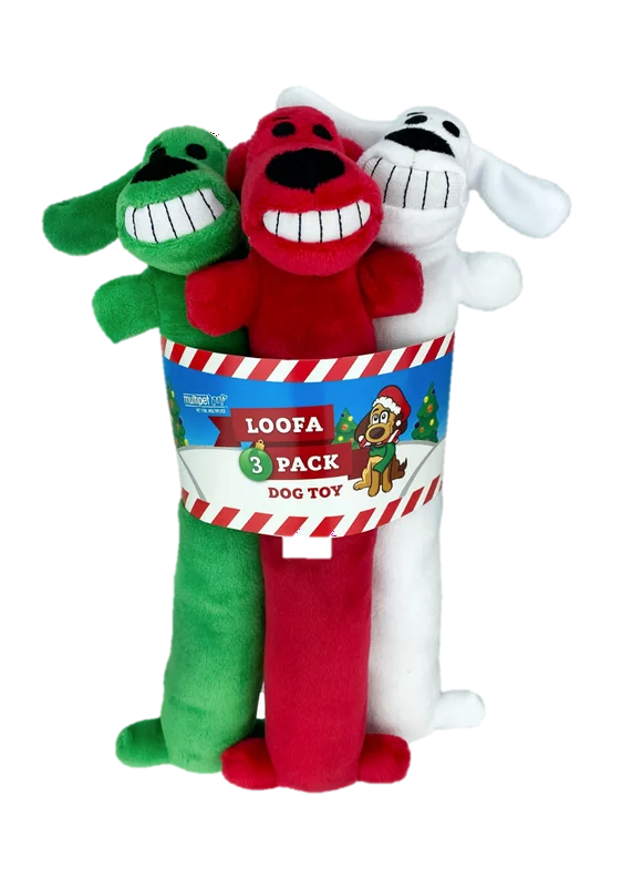 Multipet Plush Holiday Loofa Dog Toy, Stuffing & Squeaker, 3 pk with Red, Green & White, 12" Each