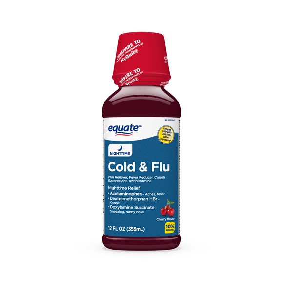 Equate Nighttime Cold and Flu Liquid Medicine, 6 Hour Relief, Cherry Flavor, 12 fl oz