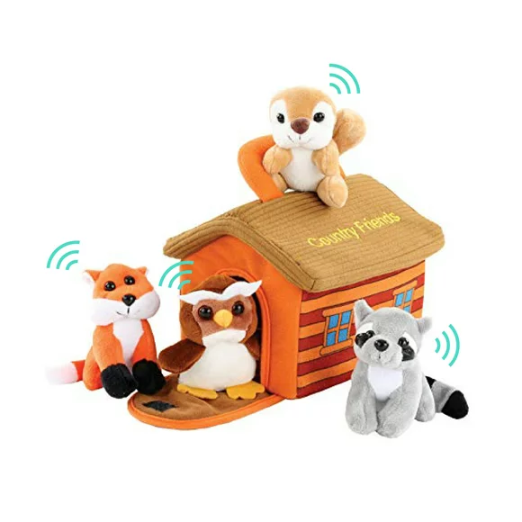 Plush Woodland Animals with Country House Carrier for Kids- 5pc- Talking Animal Interactive Toy Set- Stuffed Owl, Racoon, Fox & Squirrel