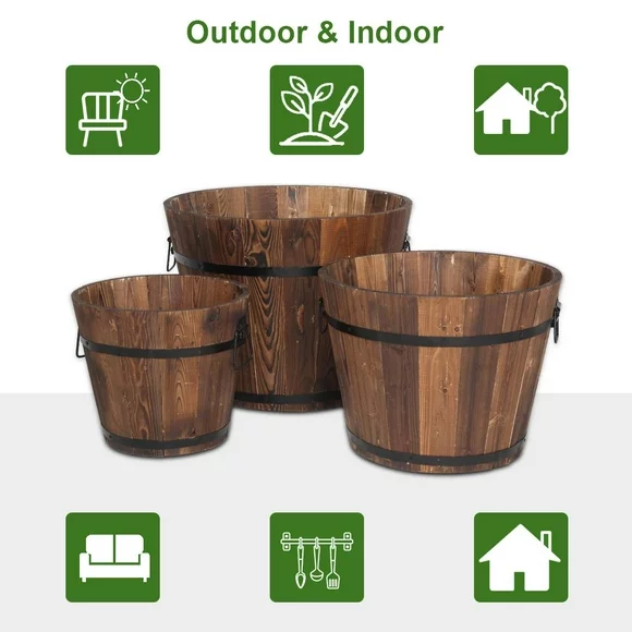 Ktaxon Wooden Bucket Barrel Planters Flower Pots for Plants Garden Outdoor Indoor Decor, Set of 3