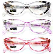 V.W.E. Translucent Clear Floral Pattern Women's Cat Eye Reading Glasses, 3 Pair