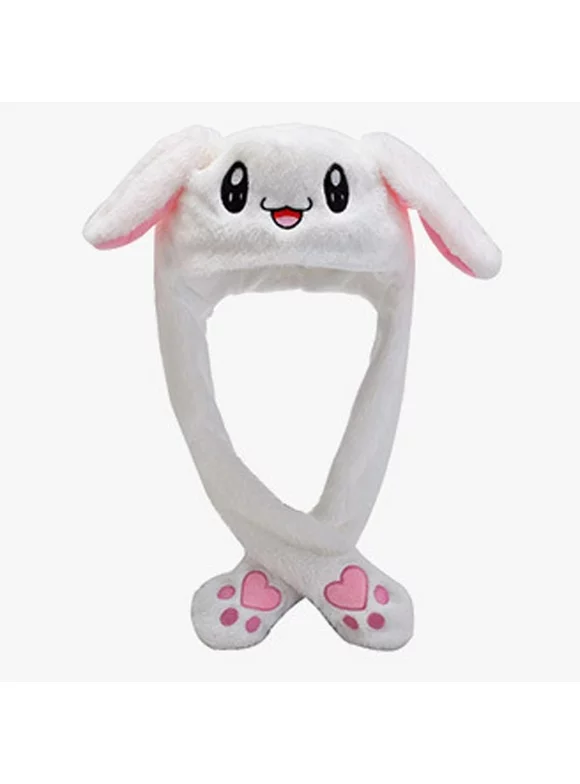 Funny Plush Bunny Hat Ear Moving/Jumping Rabbit Hat Cute Unisex Animal Ear Flap Hat with Paws for Women Girls