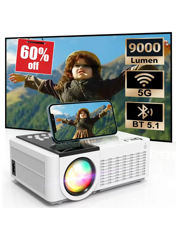 Portable 5G WiFi Projector with Bluetooth 5.1, 9000 Lumens HD Movie Projector, 1080P 250'' Display Supported