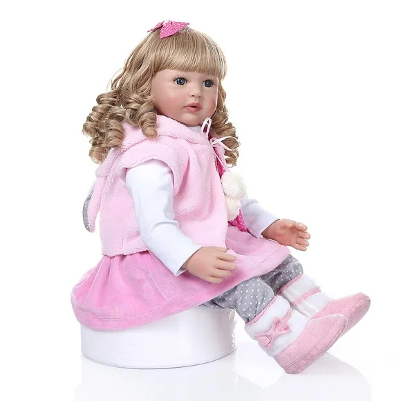 Ktaxon 24" Lovely Silicone Baby Doll Golden Curly Girl Wearing Pink Rabbit Clothes