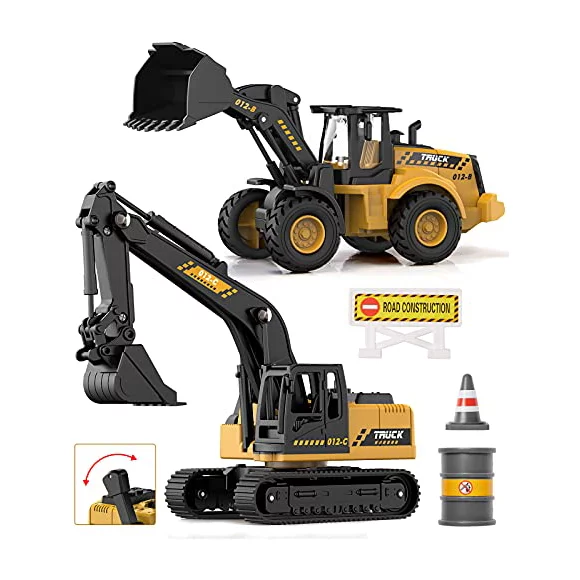 Toys Excavator Bulldozer Truck for Kids, Construction Tractor Toys, Engineer Caterpillar Construction Vehicle Sets of 2, Pushdozer Toy Truck Machine, Movable Claw Loader Digger Trucks Toys for Boys