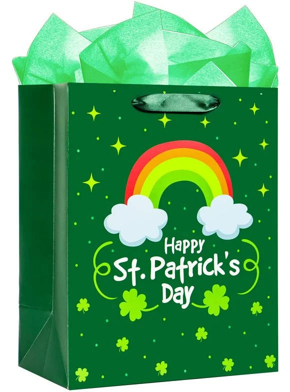 WaaHome Saint Patricks Day Gift Bags with Handle,13inch Large Irish Shamrock Bag with Tissue Paper Green Clover Gift Wrapping Bags for Kids Classroom Party Favors Supplies 2 Piece Set