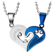 Stainless Steel Heart Shaped Crystal Necklace Chain Couples Romance Jewelry Gift (Blue)
