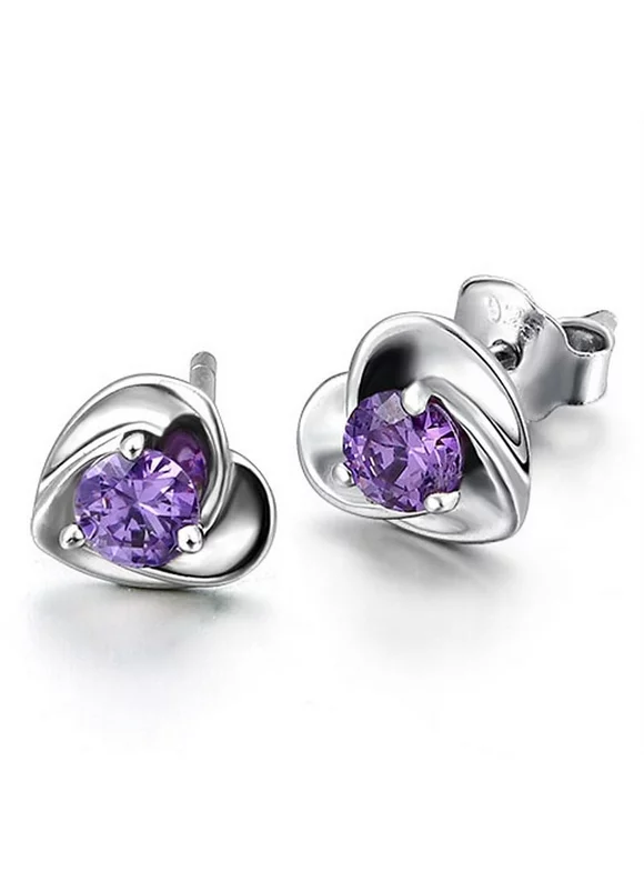 Sterling Silver 1.5 ct. Created Purple Amethyst Round Heart Shape Stud Gemstone Earrings