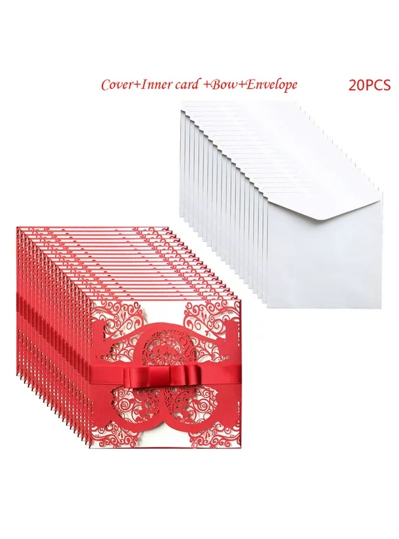 20 Pcs European Style Wedding Invitation Cards Personalized Hollow out Cover Pocket with Bow Envelopes Kits Engagement Party Supply