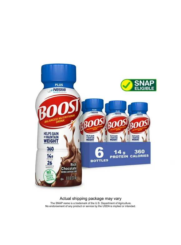 BOOST Plus Ready to Drink Nutritional Drink, Rich Chocolate Nutritional Shake, 6 - 8 FL OZ Bottles