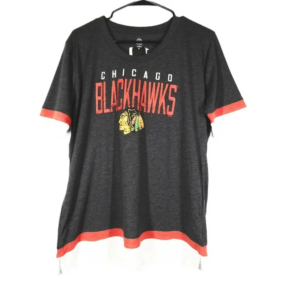 Official NHL Chicago Blackhawks Women Fashion Heather T-Shirt Charcoal/Red/Oat L
