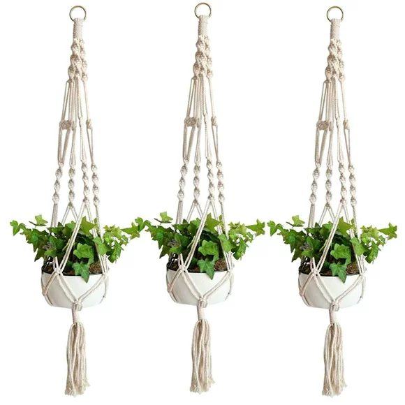 EEEKit 3pcs Macrame Plant Hanger, Indoor Outdoor Wall Hanging Planter Basket Flower Pot Holder Boho Home Decor Cotton Rope 4 Legs 41 inch for Living Room, Kitchen, Deck, Patio, High and Low Ceiling
