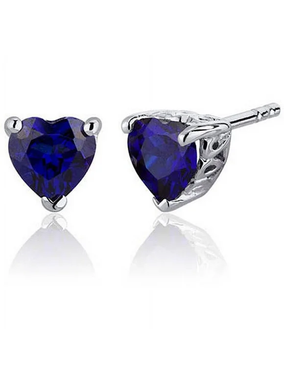 2 ct Heart Shape Created Blue Sapphire Stud Earrings in Sterling Silver
