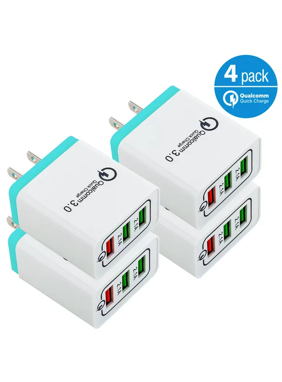 4-Pack USB Wall Charger 30W 3-Ports with Quick Charge 3.0 Wall Charger Adapter, Fast Charging for Samsung Galaxy S23/S22/S21/S20/S10/S9/S8 Ultra, iPhone 14/13/12/11 Pro Mini, X/Xs, White/Green