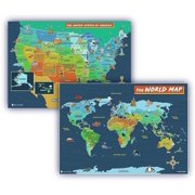 USA and World map poster 2 pack for kids Laminated large illustrated Young N Refined (18x30)