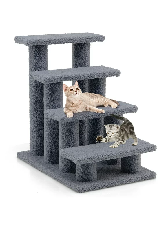 Gymax 24'' 4-Step Pet Stairs Carpeted Ladder Ramp 8 Scratching Post Cat Tree Climber