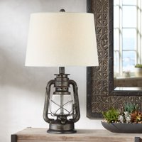 Franklin Iron Works Rustic Industrial Accent Table Lamp Miner Lantern Weathered Bronze Oatmeal Fabric Shade Living Room Bedroom