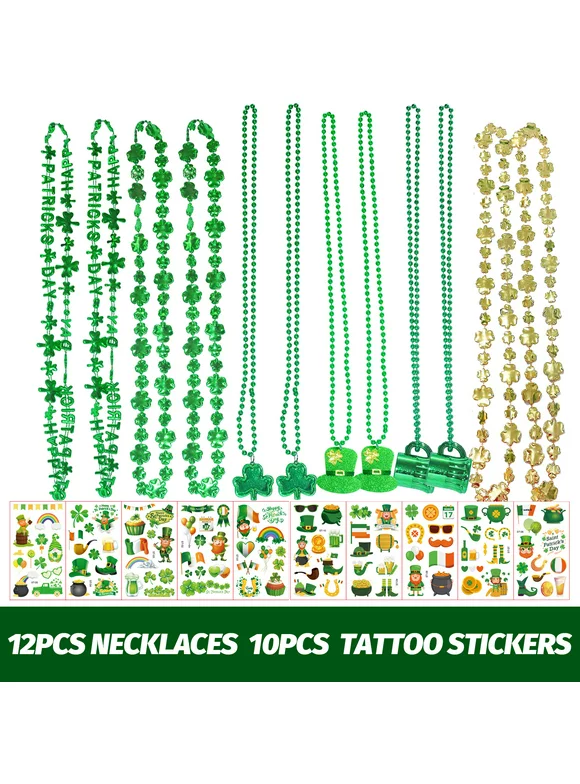 12 Pcs St. Patrick's Day Beads Green Golden Shamrock Clover Necklace Tattoo Sticker Set Party Favor Shamrock St. Patrick's Day  Accessories Party Supplies Decor