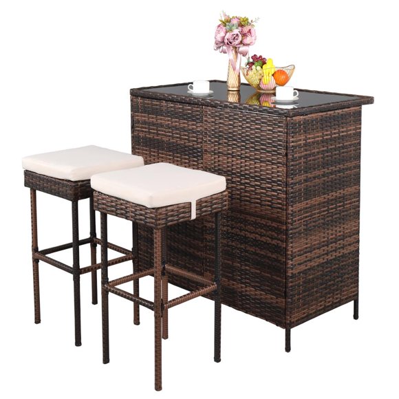 Ktaxon 3PCS Wicker Bar Set Patio Outdoor Table & 2 Stools Furniture Steel, Outdoor