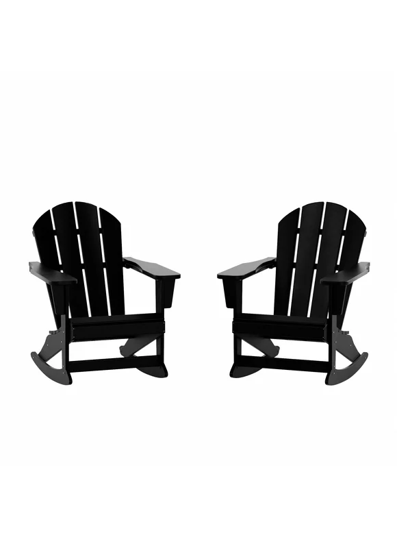 Westintrends Malibu Outdoor Rocking Chair Set of 2, All Weather Resistant Poly Lumber Classic Porch Rocker Chair, 350 lbs Support Patio Lawn Plastic Adirondack Chair, Black