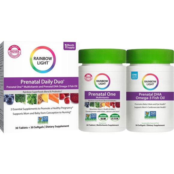 Rainbow Light Prenatal Daily Duo: Prenatal One Multivitamin & Prenatal DHA with Folate, 30 Tablets & 30 Softgels