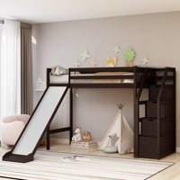 Euroco Wood Stairway Twin Size Loft Bed With Slide and 3 Storage Drawers In The Steps, Espresso
