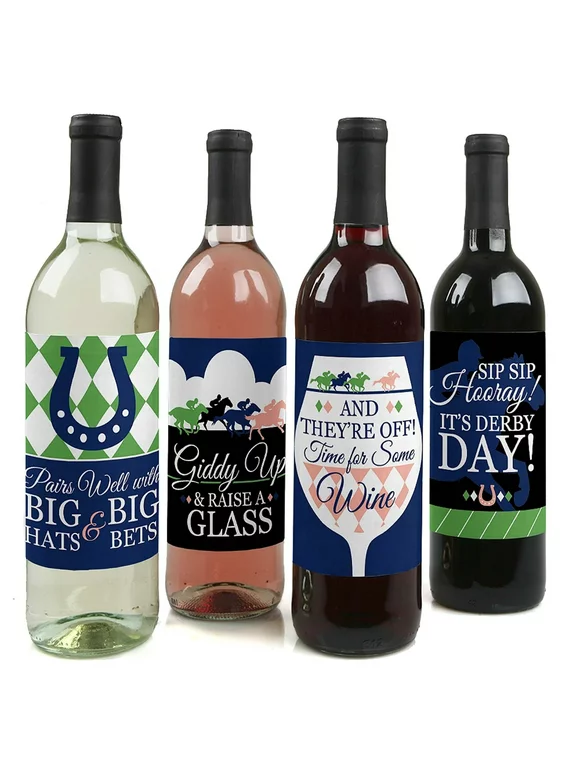Big Dot of Happiness Kentucky Horse Derby - Horse Race Party Decorations for Women and Men - Wine Bottle Label Stickers - Set of 4