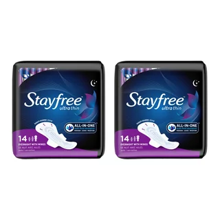 Stayfree Ultra Thin Overnight Pads with Wings, For Women, Reliable Protection and Absorbency of Feminine Moisture, Leaks and Periods, 14 count (Pack of 2)