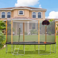 14FT Outdoor Recreational Trampoline For Kids&Adults, BTMWAY Round Outdoor Fitness Trampoline w/Basketball Hoop, Ladder, Safety Trampoline Net, Kids Backyard Exercise Tampoline, 260lb Capacity, A2738