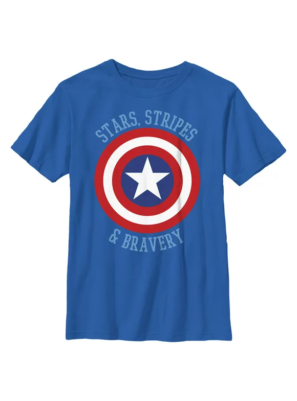 Boy's Marvel Avengers Captain America Stars Stripes & Bravery  Graphic Tee Royal Blue X Large