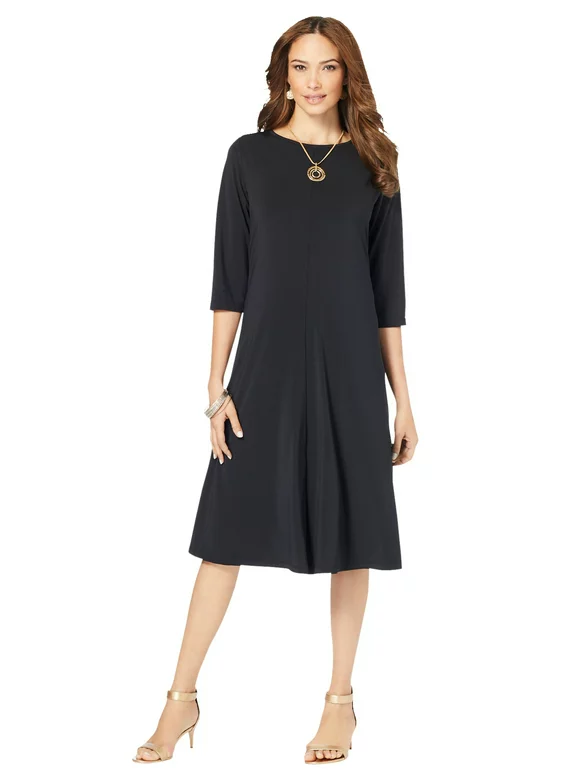 Roaman's Women's Plus Size Ultrasmooth Fabric Boatneck Swing Dress Stretch Jersey 3/4 Sleeve Dress