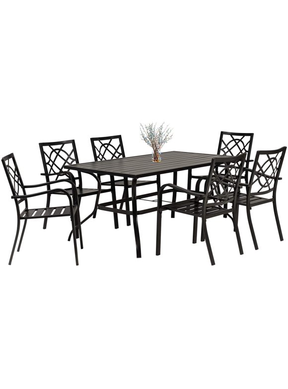 SOLAURA 7-Piece Patio Furniture Outdoor Dining Set with Patio Stacked Metal 6 Chairs Black