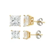 White CZ Square 6mm and 8mm 18kt Gold over Sterling Silver Stud Earrings Set