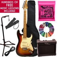 Learn To Play Sawtooth Vintage Sunburst Electric Guitar with Amp, Ernie Ball Strings, and Chromacast Stand, Picks, Cable, Strap, Case, and Free Music Lessons