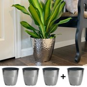4-Pack 12 Inch Round Metallic Hammered Plastic Flower Pot Garden Potted Planter for Indoors or Outdoors, Silver