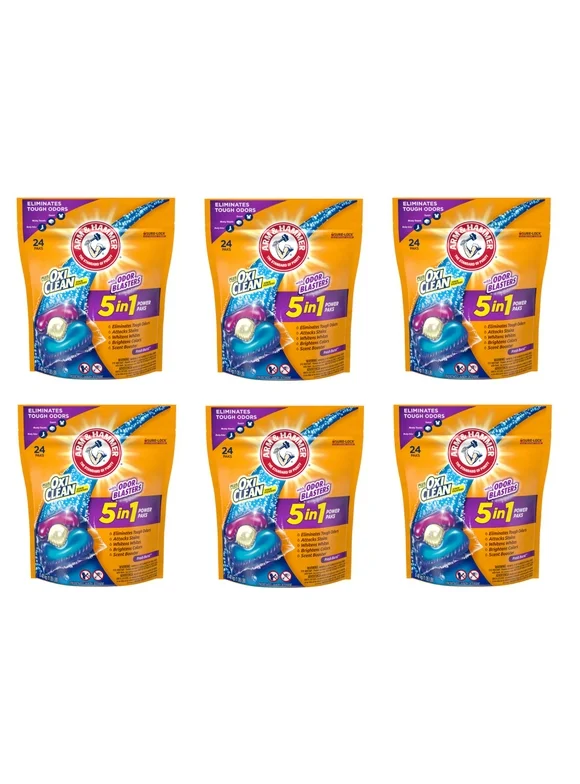 ARM & HAMMER Plus OxiClean With Odor Blasters LAUNDRY DETERGENT 5-IN-1 Power Paks, 24CT (Packaging may vary) 1 ea(6pack)