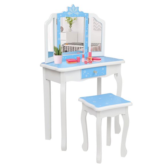 Ktaxon Kids Snowflake Pattern Wooden Vanity Desk w/ Folding Mirror,Stool,Drawer Blue