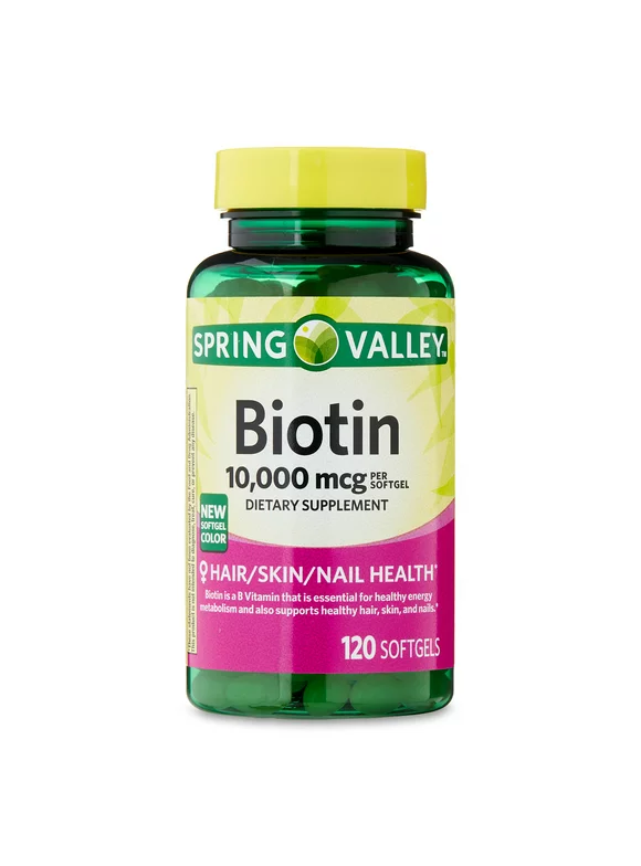 Spring Valley Biotin Hair/Skin/Nails Health Dietary Supplement Softgels, 10,000 mcg, 120 Count